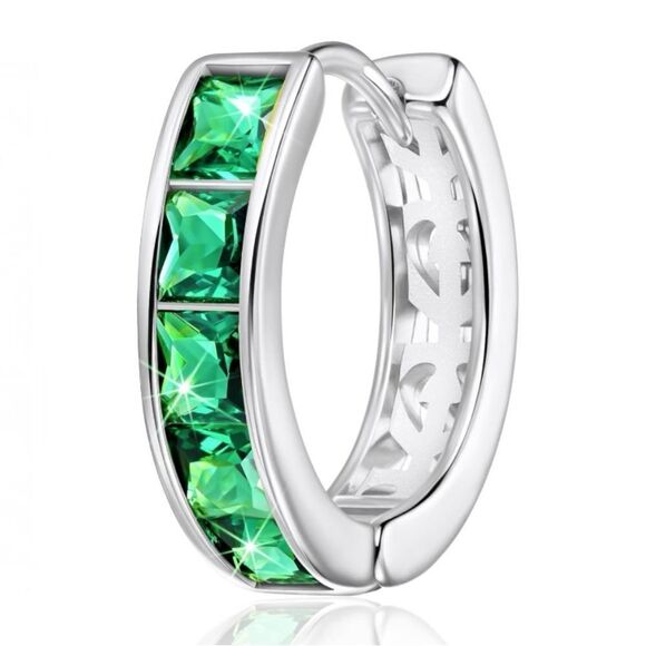 14K White Gold with Emerald Green Cubic Zirconia Princess Cut Huggie Earrings - Picture 2 of 5